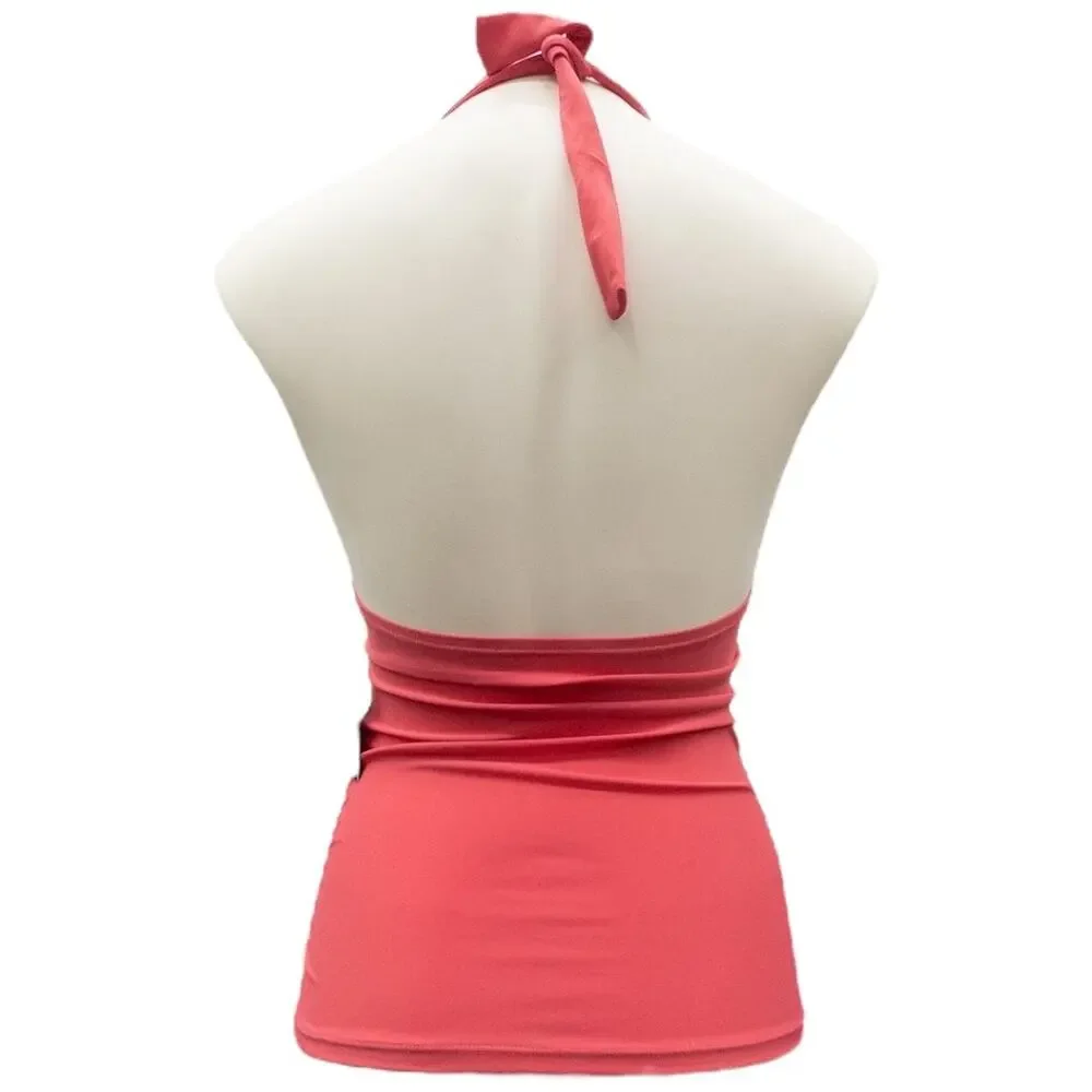 Ellen Tracy Tankini Top Coral Melon Ruffle Halter Swimsuit Women's Size 6 New